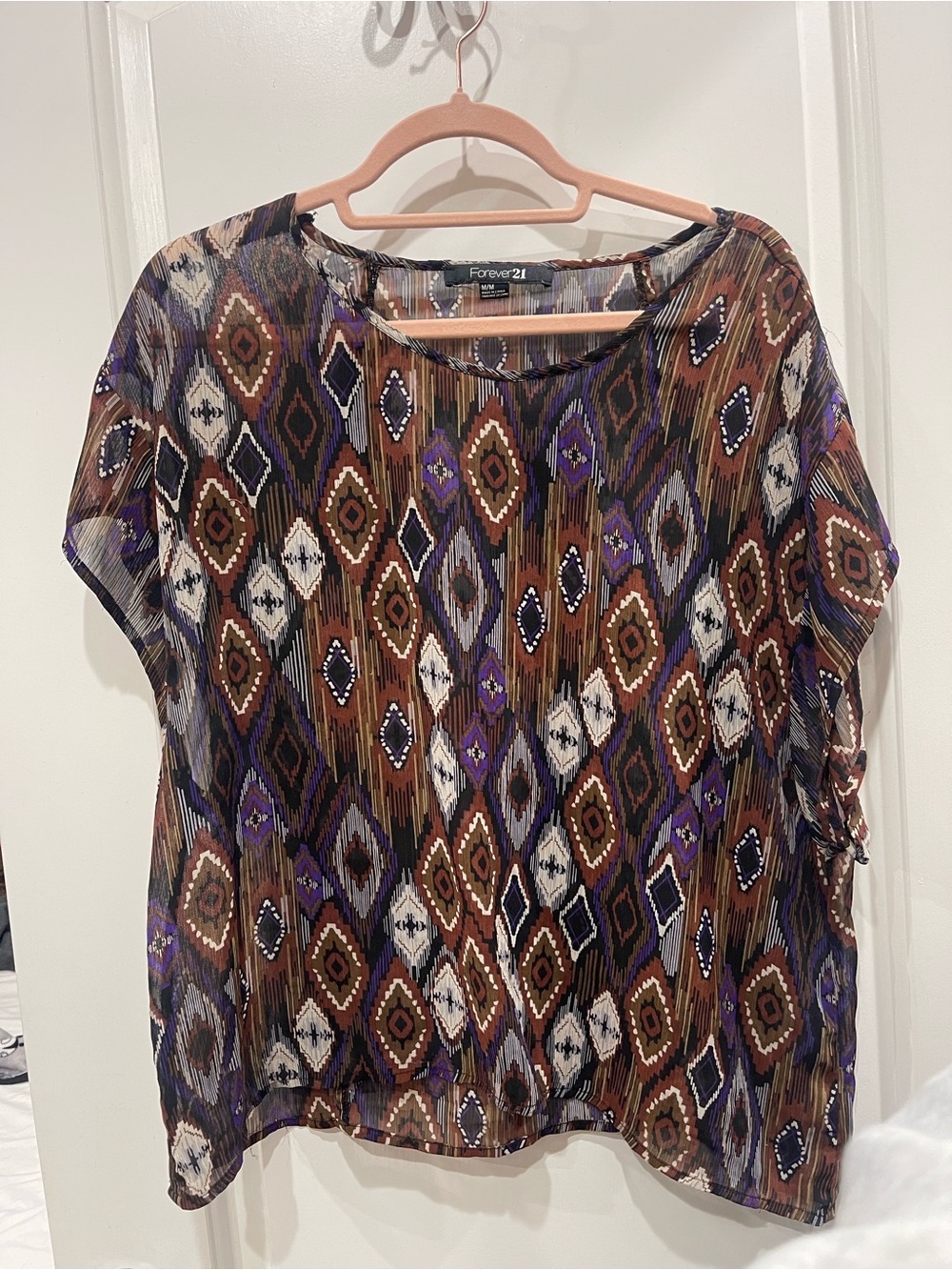 Forever 21 Brown and Purple Geometric Short-Sleeve Blouse
